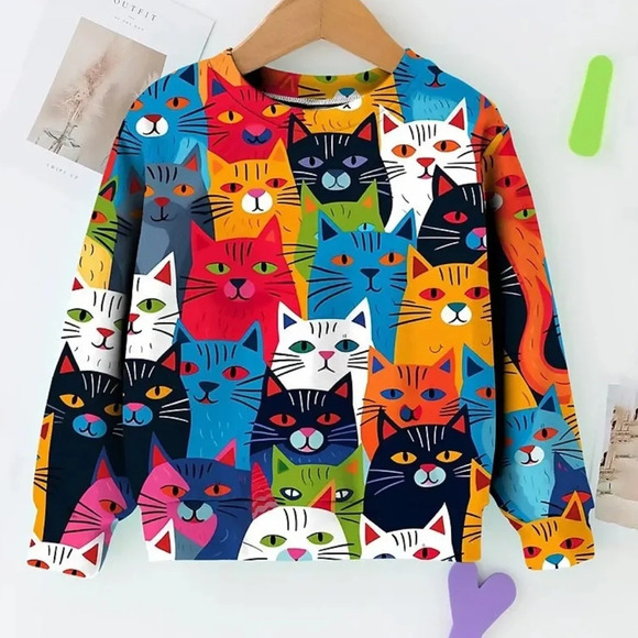Kids Colorful Cartoon Cats Long Sleeve T-Shirt, see size chart, L - Picture 1 of 11
